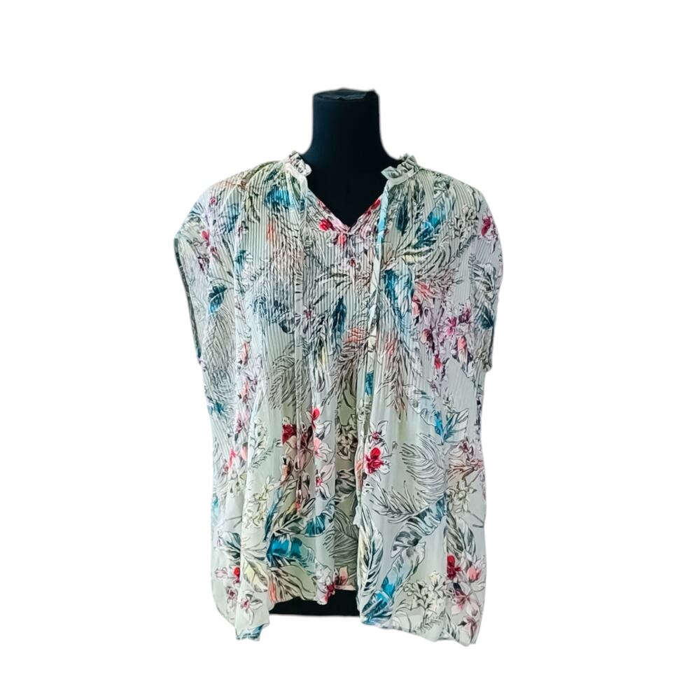 Status by Chenault Floral Blouse Sage Boho Tie Split Neck Chiffon Crepe Medium